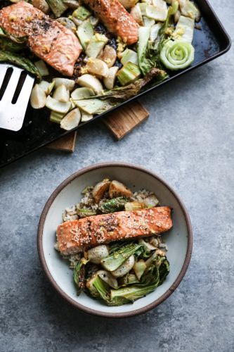 Sesame Sheet Pan Salmon with Turnips and Bok Choy