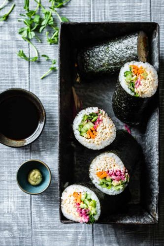 Rainbow Spicy Tofu Sushi Burritos