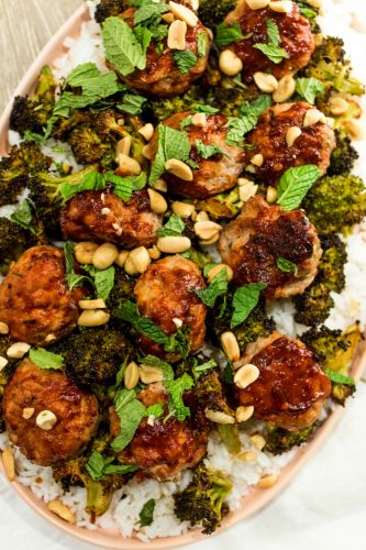 Sheet-Pan Sweet and Spicy Meatballs with Brocolli