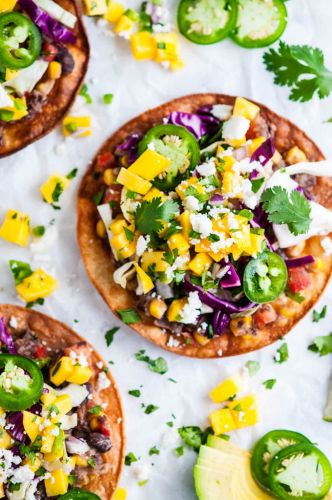 Vegetarian Black Bean Tostadas with Cabbage Slaw and Mango Salsa