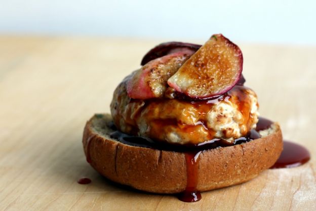 Goat Cheese Stuffed Turkey Burgers with Tangy Peach BBQ Sauce