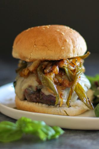 Herby Grilled Burger with Caramelized Onions and Jalapenos