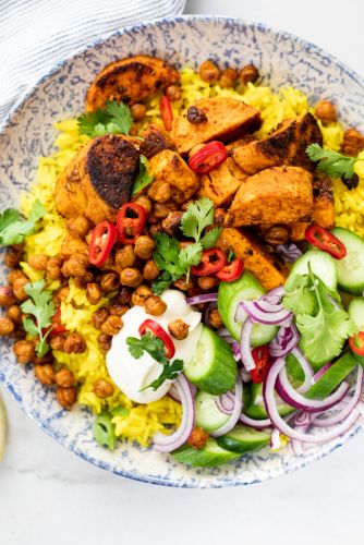 Tandoori Sweet Potato Rice Bowl with Crispy Chickpeas