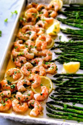 Roasted Lemon Garlic Butter Shrimp and Asparagus