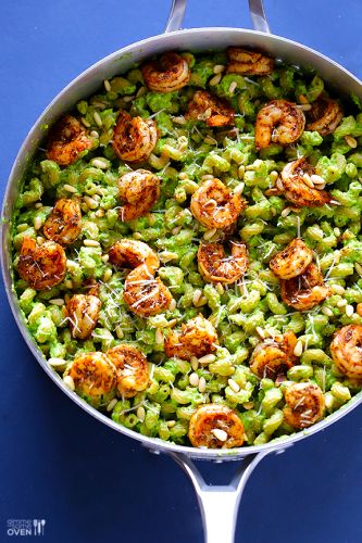 ASPARAGUS-SPINACH PESTO PASTA WITH BLACKENED SHRIMP