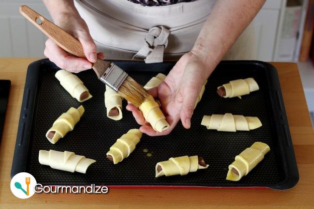 Brush each mini croissant with the egg yolk + milk mixture