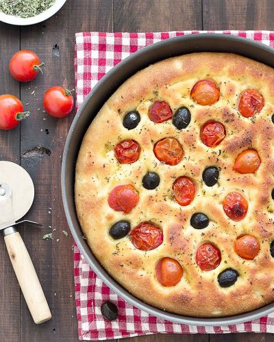 Potato Focaccia with Olives and Cherry Tomatoes