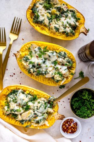 Chicken, Spinach & Artichoke Spaghetti Squash Boats