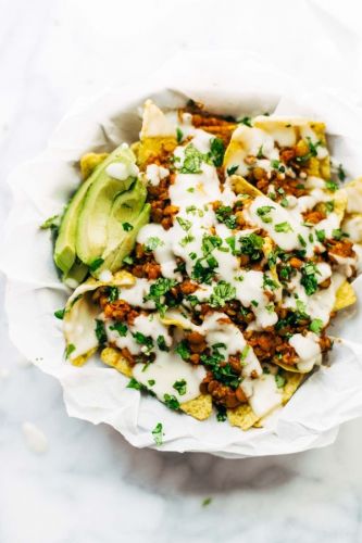 Spicy Lentil Nachos with Three Cheese Sauce