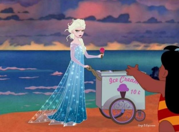 Elsa selling ice cream on the beach