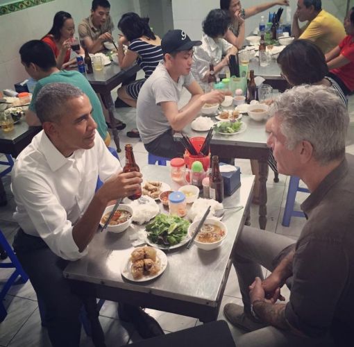 2016: Bourdain dines with then-President Barack Obama in Vietnam for his hit show Parts Unknown