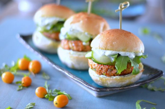 Asian Salmon Sliders with Cilantro Lime Aoli and Marinated Cucumbers