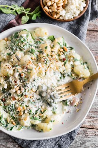 Creamy Gorgonzola Gnocchi with Spinach and Pine Nuts