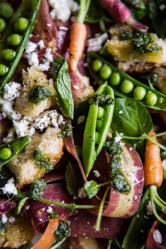 Spring Pea and Carrot Salad with Carrot Top Pesto