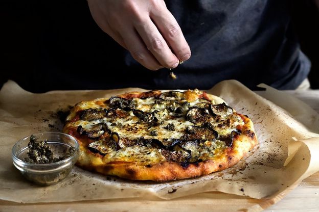 Eggplant Parmesan Pizza with Crispy Capers