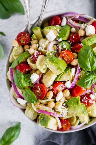 Avocado Tomato Chickpea Pasta Salad with Lemon Basil Vinaigrette