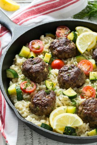 One Pot Greek Meatballs with Lemon Dill Rice