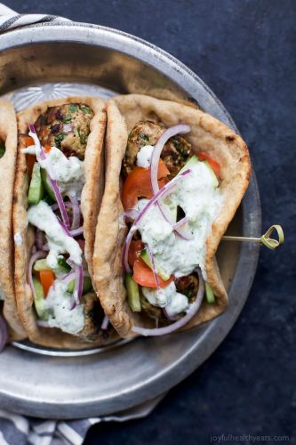 Greek Turkey Meatball Gyros with Tzatziki