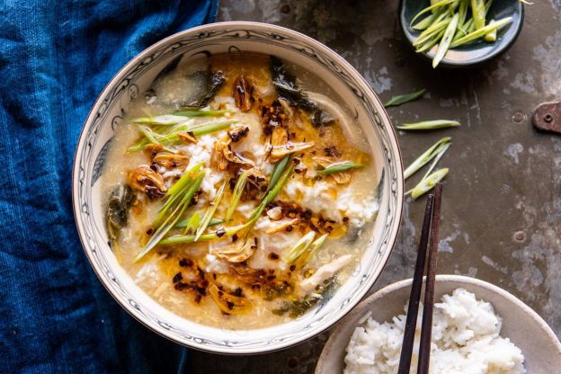 30-Minute Chinese Egg Drop Chicken Rice Soup with Garlicky Chile Oil