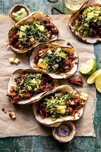 Instant Pot BBQ Beer Pulled Chicken Tacos with Ranch Corn Slaw