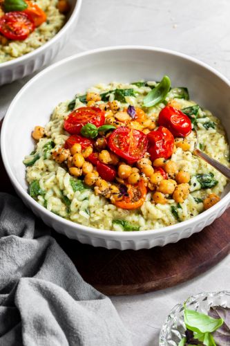 Pesto Risotto, Roasted Tomatoes & Chickpeas