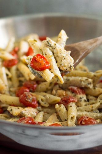 Easy Pesto Pasta with Oven Roasted Tomatoes