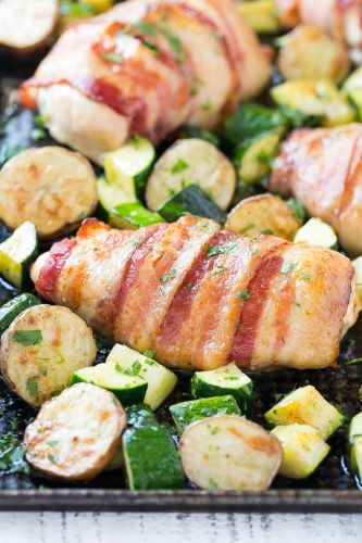 Bacon-Wrapped Stuffed Chicken Breast With Roasted Potatoes And Zucchini