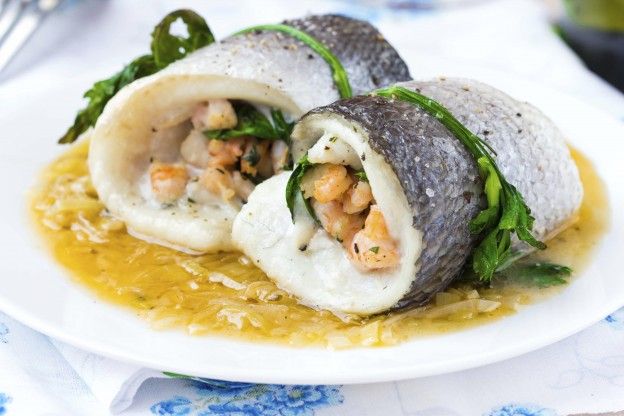 Shrimp-stuffed sea bream rolls