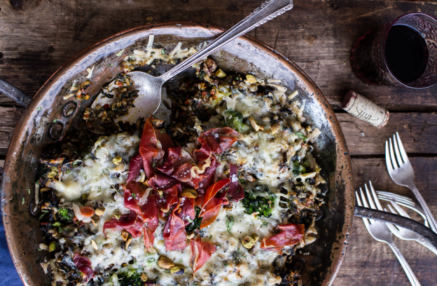 Harissa Broccoli Spinach Wild Rice Casserole With Crispy Prosciutto