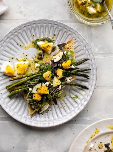 Goat Cheese Tartines with Hard Boiled Egg Vinaigrette