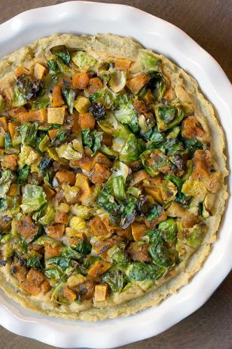 Mashed Potato Crusted Butternut Squash, Brussels Sprouts, and Tofu Pie