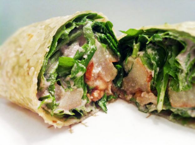 Roasted pear, walnut and arugula wrap with sunflower seed dressing