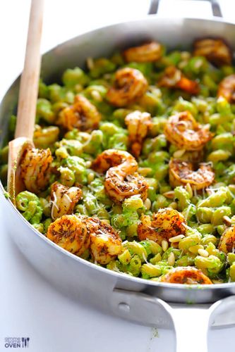 Asparagus-Spinach Pesto Pasta with Blackened Shrimp