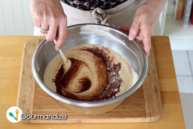 Sift the flour and cocoa into the mixture and gently stir with a spatula