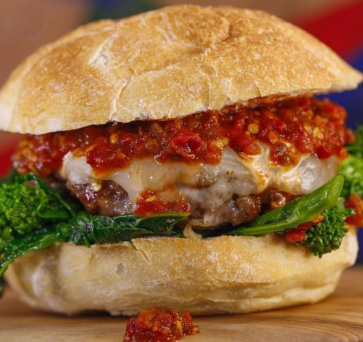 Hot Sausage Burger with Broccoli Rabe