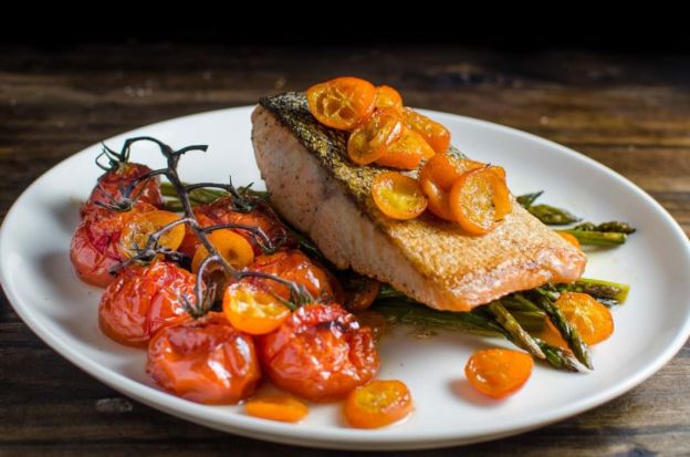 Brown Butter Pan-Fried Salmon with Roasted Kumquats and Vegetables