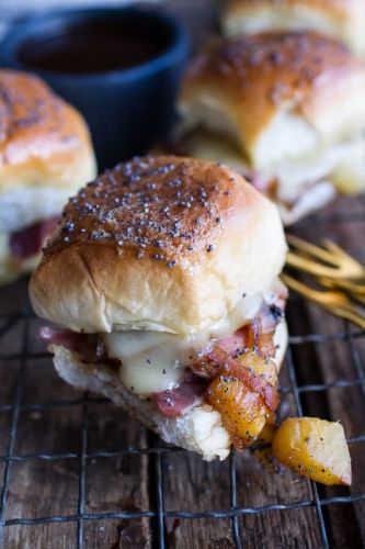 Ham and Cheese Sandwiches with Bacon Pineapple Caramelized Onions and Jerk BBQ Sauce