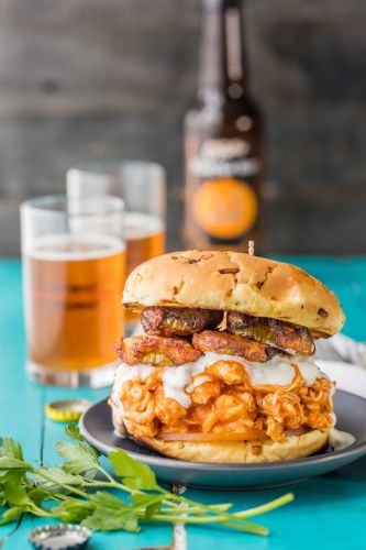 Slow-Cooker Buffalo Chicken Sandwich with Ranch Fried Pickles