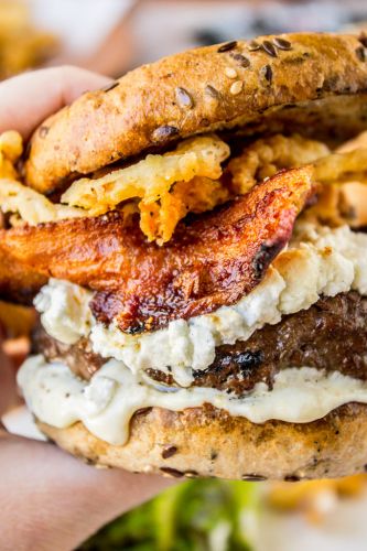 Bacon and Goat Cheese Aioli Burger with Crispy Onions