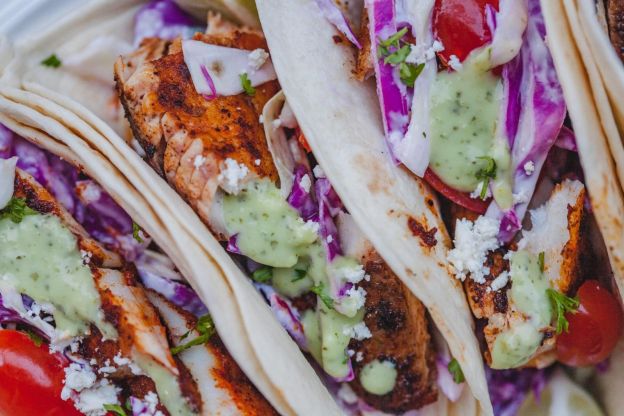 Smoky Fish Tacos with Tangy Slaw and a Coconut Lime Cilantro Sauce