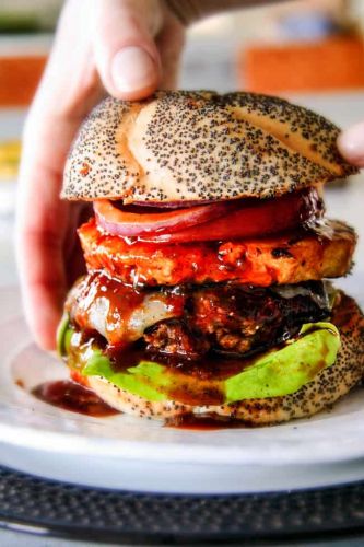 Hawaiian Burgers with Grilled Pineapple Havarti Cheese and Sriracha Mayo