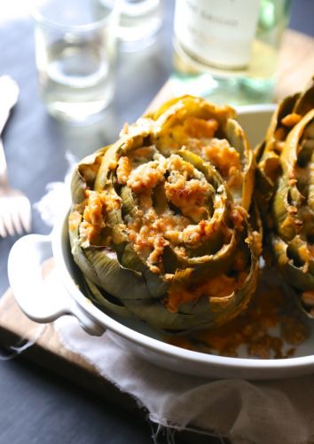 Baked Buffalo Chicken-Stuffed Artichokes with Blue Cheese