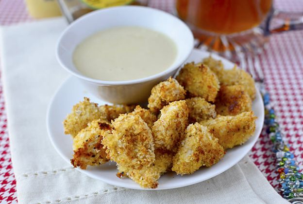 Baked popcorn chicken with maple-Dijon dipping sauce