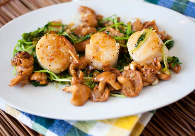 Seared Scallops with a Warm Mushroom and Pea Tendril Salad