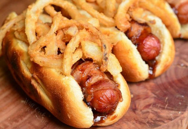 BBQ bacon and crispy onion hot dogs