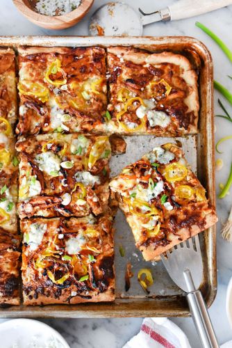 Sheet Pan BBQ Blue Cheese Chicken Pizza