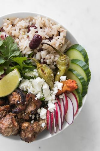 BBQ Jerk Chicken Bowl with Rice and Peas + Pineapple Coleslaw