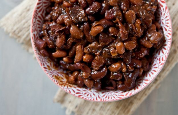 Beer-braised ham and baked beans