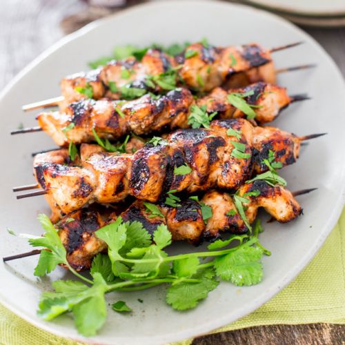 Beer and honey BBQ chicken skewers