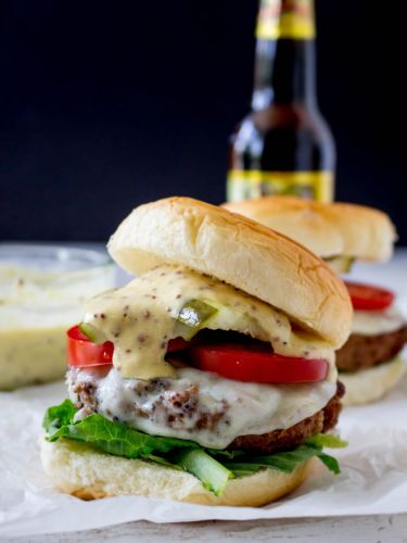 Smoky beer burgers with gouda mustard horseradish aioli